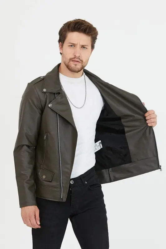 Erkek Haki Yeni Sezon Çapraz Fermuarlı Deri Ceket Mont-Haki - 4