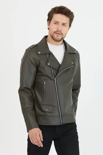 Erkek Haki Yeni Sezon Çapraz Fermuarlı Deri Ceket Mont-Haki - 5