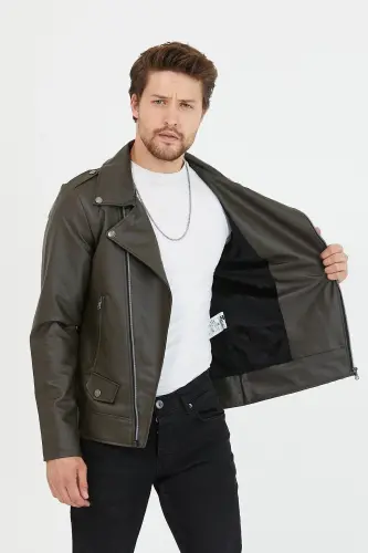 Erkek Haki Yeni Sezon Çapraz Fermuarlı Deri Ceket Mont-Haki - 4
