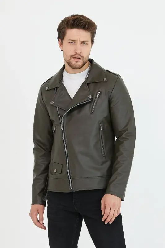 Erkek Haki Yeni Sezon Çapraz Fermuarlı Deri Ceket Mont-Haki - MERO LIFE