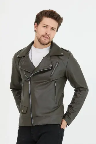 Erkek Haki Yeni Sezon Çapraz Fermuarlı Deri Ceket Mont-Haki - 3