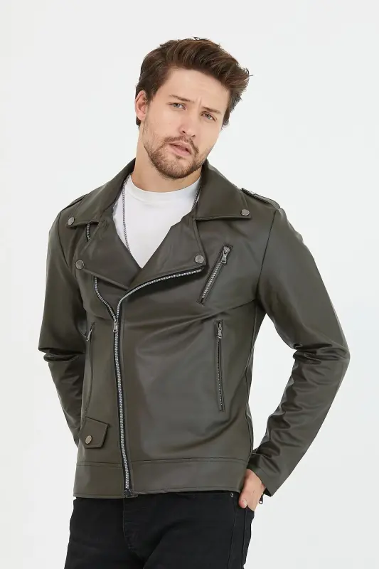 Erkek Haki Yeni Sezon Çapraz Fermuarlı Deri Ceket Mont-Haki - 3