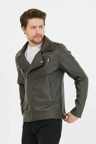 Erkek Haki Yeni Sezon Çapraz Fermuarlı Deri Ceket Mont-Haki - 6
