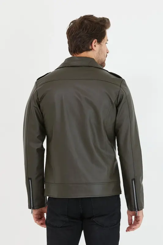 Erkek Haki Yeni Sezon Çapraz Fermuarlı Deri Ceket Mont-Haki - 7