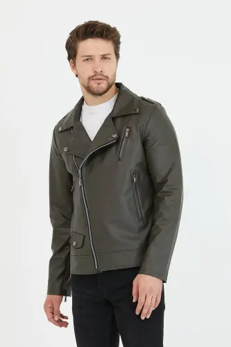 Erkek Haki Yeni Sezon Çapraz Fermuarlı Deri Ceket Mont-Haki - MERO LIFE (1)