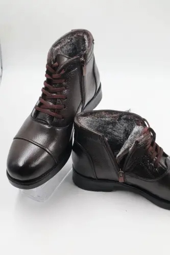 Erkek Hakiki Deri Içi Kürklü Fermuarlı Bağlı Kahverengi Günlük Bot-KAHVERENGİ - 1