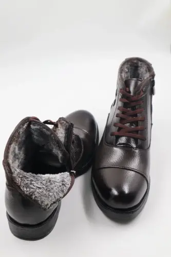 Erkek Hakiki Deri Içi Kürklü Fermuarlı Bağlı Kahverengi Günlük Bot-KAHVERENGİ - 3