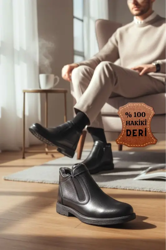 Erkek Hakiki Deri Içi Kürklü Fermuarlı TABA Günlük BOT-SİYAH P - 1