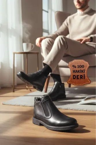 Erkek Hakiki Deri Içi Kürklü Fermuarlı TABA Günlük BOT-SİYAH P 