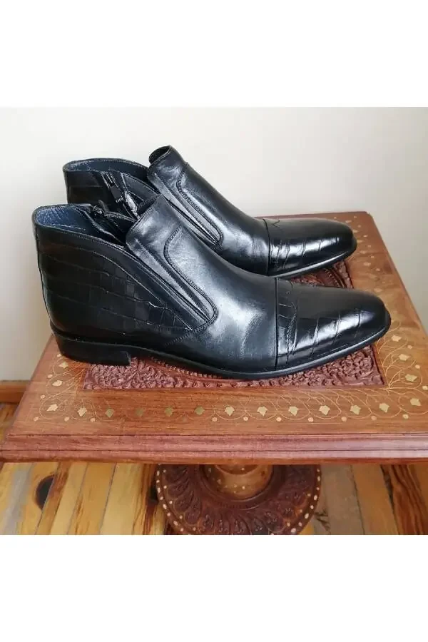 Erkek Hakiki Deri Siyah Kroko Baskı Kombin Fermuarlı Lastikli Sert Kaymaz Kauçuk Tabanlı Bot - 3