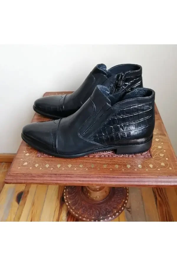 Erkek Hakiki Deri Siyah Kroko Baskı Kombin Fermuarlı Lastikli Sert Kaymaz Kauçuk Tabanlı Bot - 4