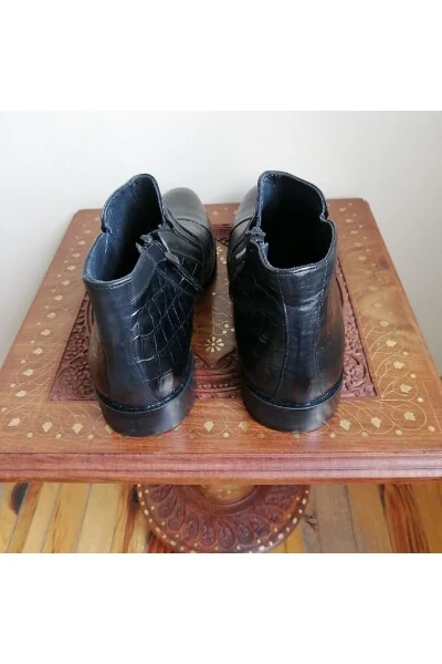 Erkek Hakiki Deri Siyah Kroko Baskı Kombin Fermuarlı Lastikli Sert Kaymaz Kauçuk Tabanlı Bot - 5
