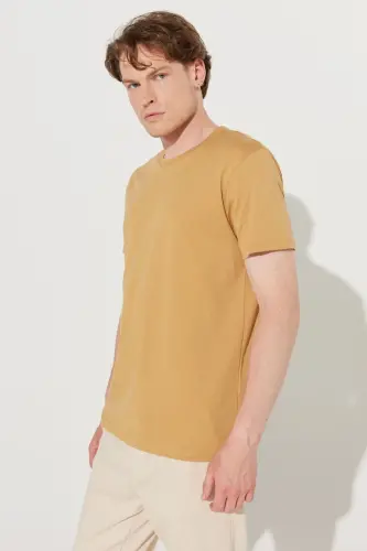 Erkek Hardal Slim Fit Dar Kesim %100 Pamuk Bisiklet Yaka Basic Tişört - Hardal - 6