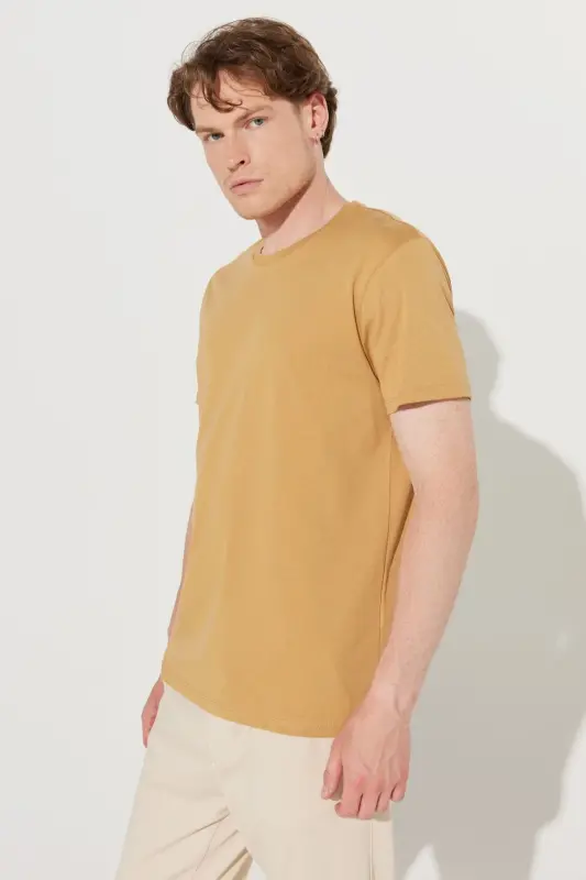 Erkek Hardal Slim Fit Dar Kesim %100 Pamuk Bisiklet Yaka Basic Tişört - Hardal - 6