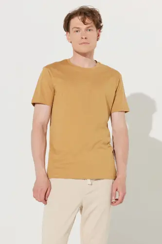 Erkek Hardal Slim Fit Dar Kesim %100 Pamuk Bisiklet Yaka Basic Tişört - Hardal - 7