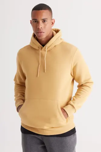 Erkek Hardal Standart Fit Içi Polarlı 3 Iplik Kapüşonlu Kanguru Cepli Pamuklu Sweatshirt - Hardal - 1