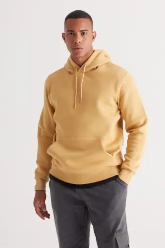 Erkek Hardal Standart Fit Içi Polarlı 3 Iplik Kapüşonlu Kanguru Cepli Pamuklu Sweatshirt - Hardal - 3