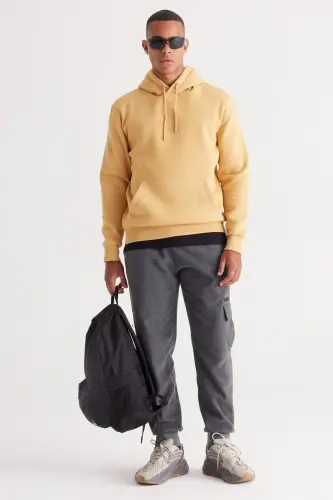 Erkek Hardal Standart Fit Içi Polarlı 3 Iplik Kapüşonlu Kanguru Cepli Pamuklu Sweatshirt - Hardal - 4