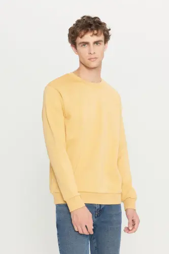 Erkek Hardal Standart Fit Normal Kesim Içi Polarlı 3 Iplik Bisiklet Yaka Pamuklu Sweatshirt - Hardal - 8