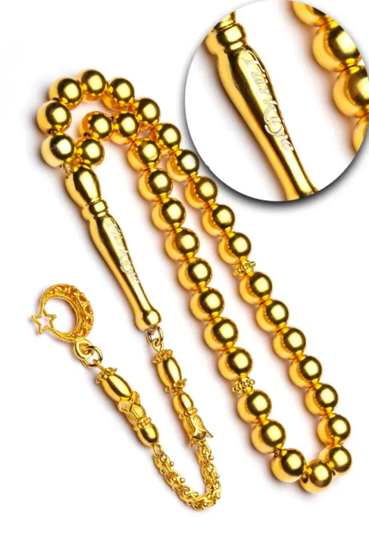 Erkek Hediye Altın Kaplama 8 mm Küre Kesim Gümüş Tesbih - Altın Sarısı - 5