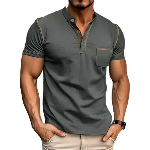 Men's Henley Shirts Short/Long Sleeve Casual Cotton T-Shirt Classic Button Basic Stylish Tees Tops 