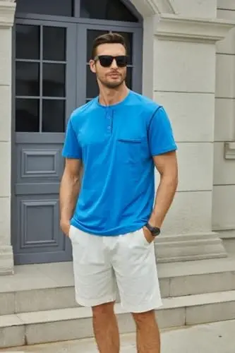Men's Henley Shirts Short/Long Sleeve Casual Cotton T-Shirt Classic Button Basic Stylish Tees Tops - 2