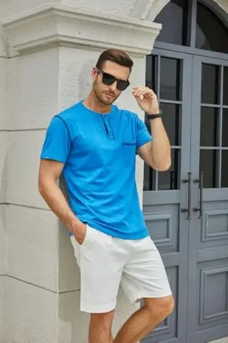 Men's Henley Shirts Short/Long Sleeve Casual Cotton T-Shirt Classic Button Basic Stylish Tees Tops - MEN'S