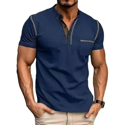 Men's Henley Shirts Short/Long Sleeve Casual Cotton T-Shirt Classic Button Basic Stylish Tees Tops - 5