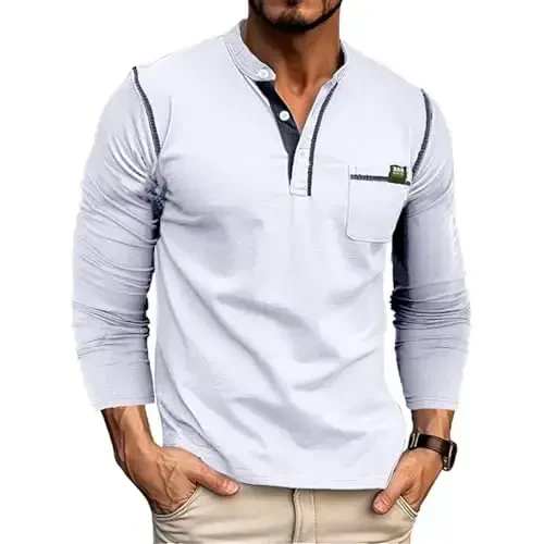 Men's Henley Shirts Short/Long Sleeve Casual Cotton T-Shirt Classic Button Basic Stylish Tees Tops 