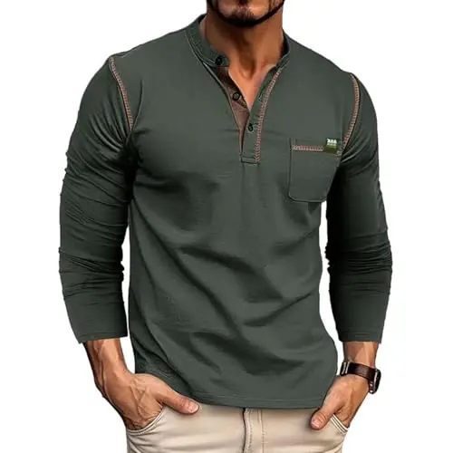 Men's Henley Shirts Short/Long Sleeve Casual Cotton T-Shirt Classic Button Basic Stylish Tees Tops - MEN'S