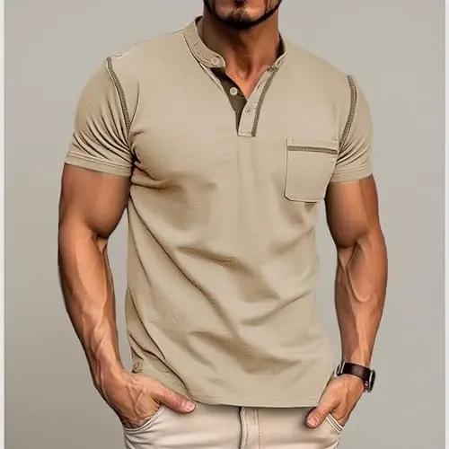 Men's Henley Shirts Short/Long Sleeve Casual Cotton T-Shirt Classic Button Basic Stylish Tees Tops - 6