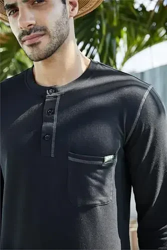 Men's Henley Shirts Short/Long Sleeve Casual Cotton T-Shirt Classic Button Basic Stylish Tees Tops - 6