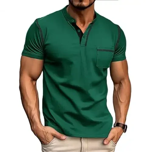 Men's Henley Shirts Short/Long Sleeve Casual Cotton T-Shirt Classic Button Basic Stylish Tees Tops 