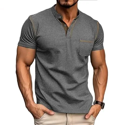 Men's Henley Shirts Short/Long Sleeve Casual Cotton T-Shirt Classic Button Basic Stylish Tees Tops - MEN'S