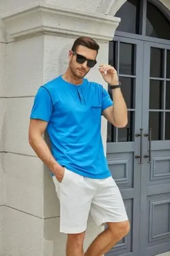 Men's Henley Shirts Short/Long Sleeve Casual Cotton T-Shirt Classic Button Basic Stylish Tees Tops - 3