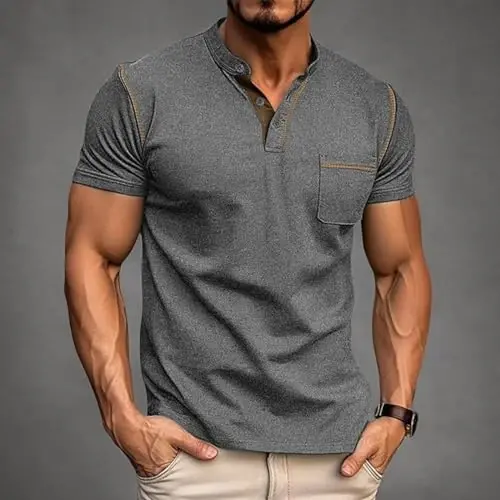 Men's Henley Shirts Short/Long Sleeve Casual Cotton T-Shirt Classic Button Basic Stylish Tees Tops - 6