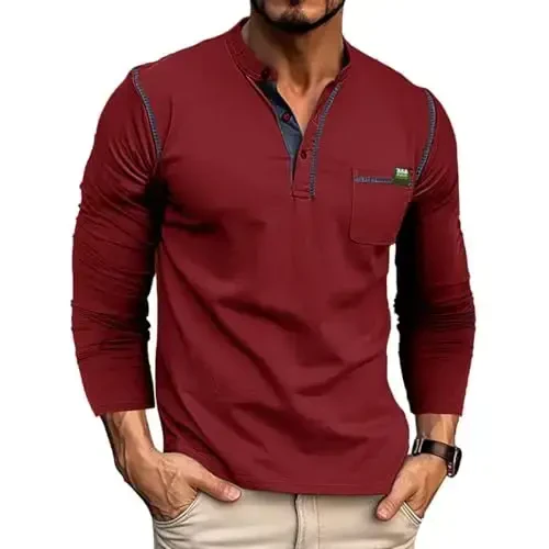 Men's Henley Shirts Short/Long Sleeve Casual Cotton T-Shirt Classic Button Basic Stylish Tees Tops 