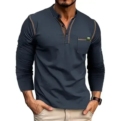 Men's Henley Shirts Short/Long Sleeve Casual Cotton T-Shirt Classic Button Basic Stylish Tees Tops 