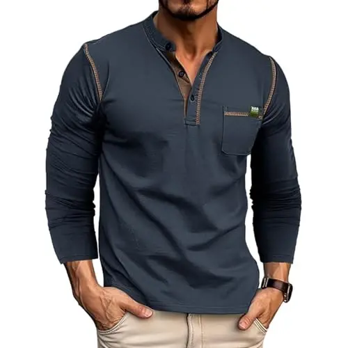 Men's Henley Shirts Short/Long Sleeve Casual Cotton T-Shirt Classic Button Basic Stylish Tees Tops - MEN'S