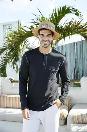 Men's Henley Shirts Short/Long Sleeve Casual Cotton T-Shirt Classic Button Basic Stylish Tees Tops - 5