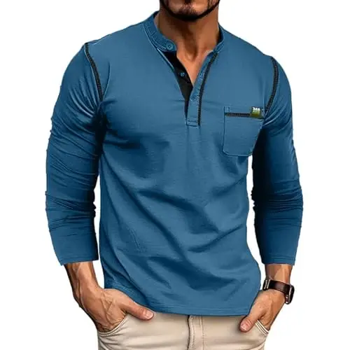 Men's Henley Shirts Short/Long Sleeve Casual Cotton T-Shirt Classic Button Basic Stylish Tees Tops - 1