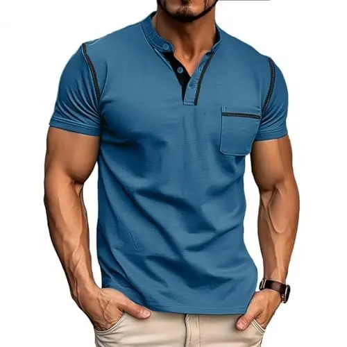 Men's Henley Shirts Short/Long Sleeve Casual Cotton T-Shirt Classic Button Basic Stylish Tees Tops - MEN'S