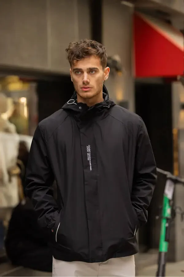 Erkek İç Astarlı Suya Dayanıklı Kapüşonlu Yağmurluk-Siyah - 1