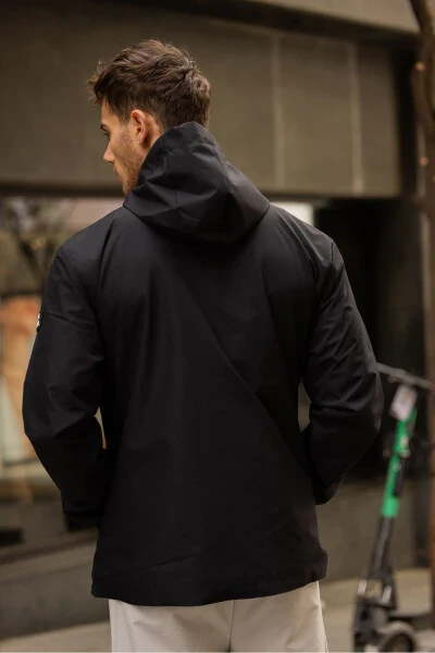 Erkek İç Astarlı Suya Dayanıklı Kapüşonlu Yağmurluk-Siyah - 3