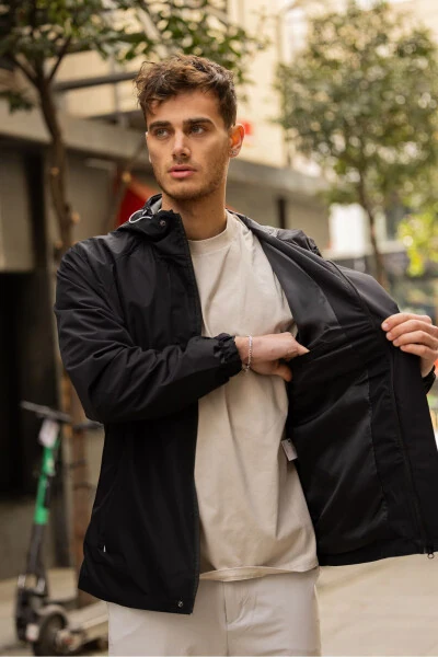 Erkek İç Astarlı Suya Dayanıklı Kapüşonlu Yağmurluk-Siyah - 4