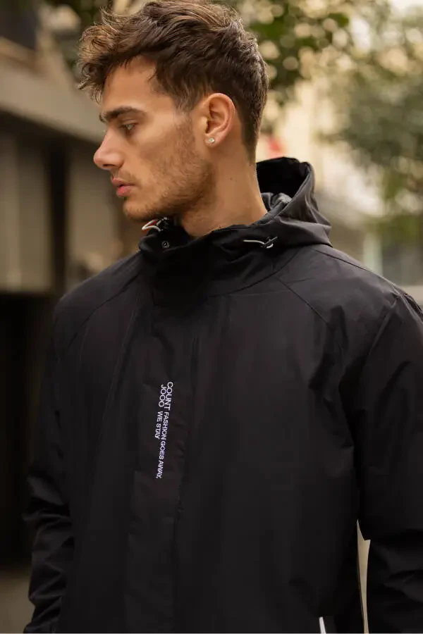 Erkek İç Astarlı Suya Dayanıklı Kapüşonlu Yağmurluk-Siyah - 5