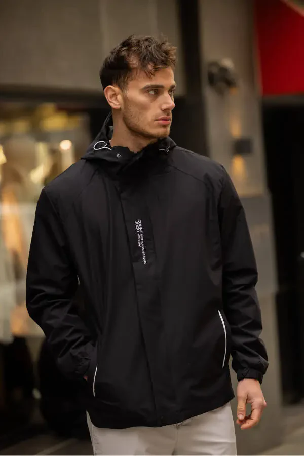 Erkek İç Astarlı Suya Dayanıklı Kapüşonlu Yağmurluk-Siyah - 7