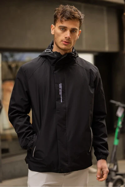 Erkek İç Astarlı Suya Dayanıklı Kapüşonlu Yağmurluk-Siyah - 8