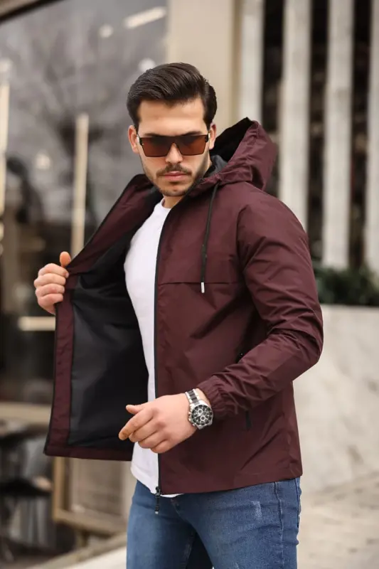 Erkek Içi Astarlı Suya Dayanıklı Kapüşonlu Cepli Yağmurluk-BORDO - 1