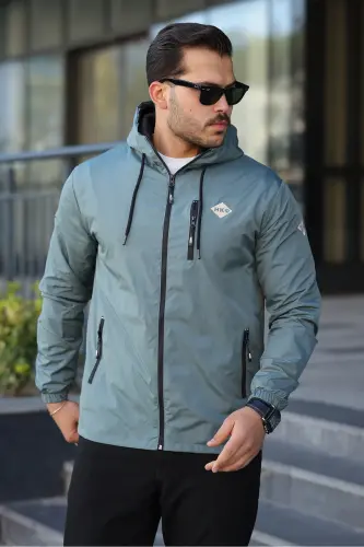 Erkek İçi Astarlı Suya Dayanıklı Kapüşonlu Cepli Yağmurluk-Mint - 3